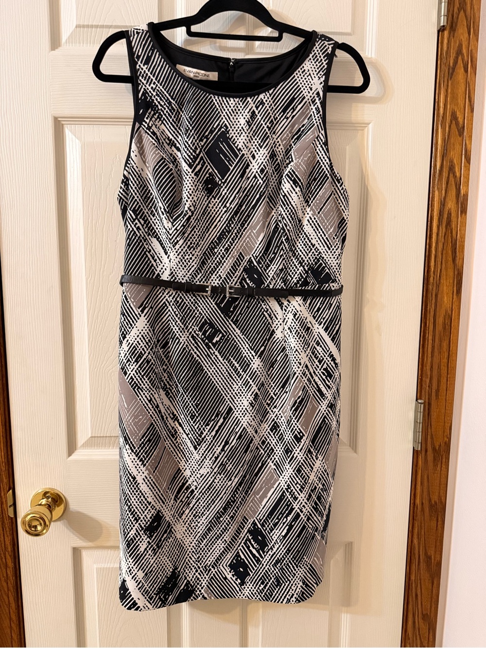 Evan Picone Black, White & Gray Patterned Belted Sheath Dress